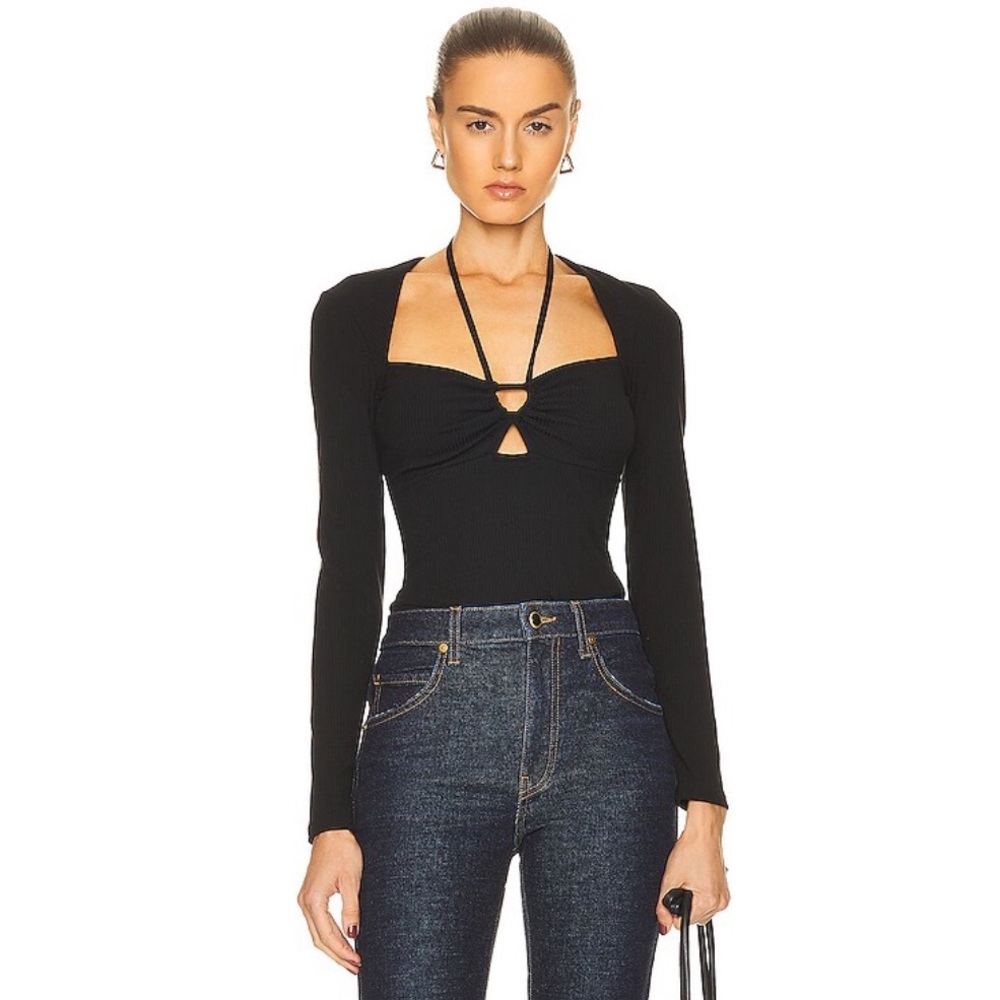 SIMKHAI Merrit Rib Cutout Long Sleeve Halter Top - Black Size Small